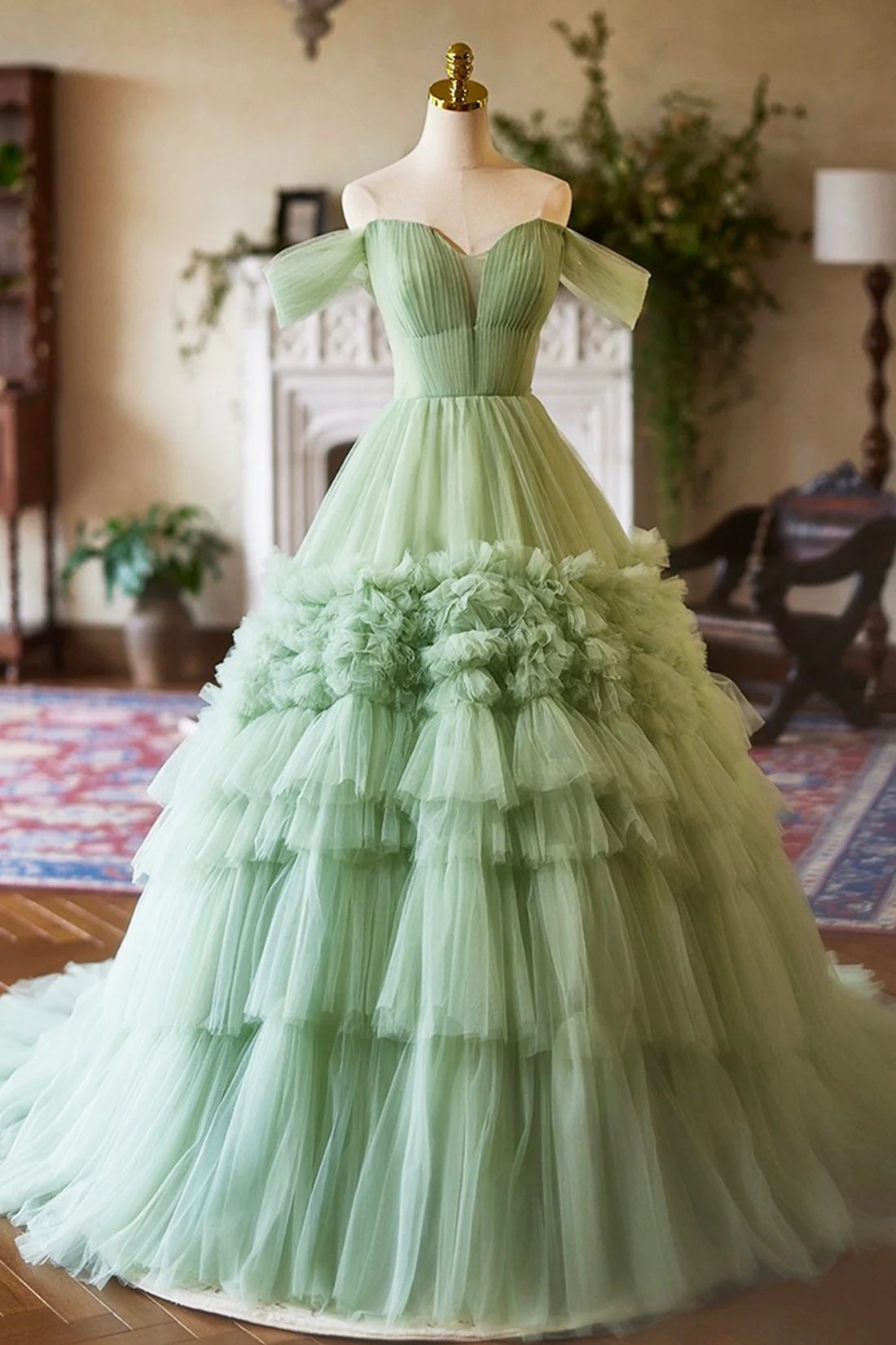 Princess Ball Gown Green Ruffles Tulle Fairy Prom Dress A-Line Off Shoulder Evening Party Dress