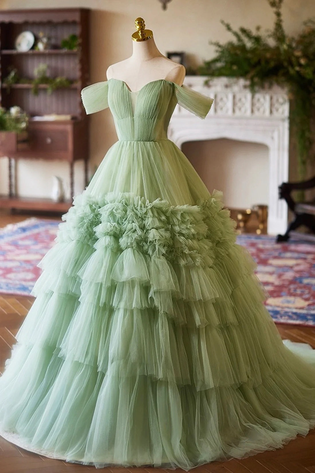 Princess Ball Gown Green Ruffles Tulle Fairy Prom Dress A-Line Off Shoulder Evening Party Dress