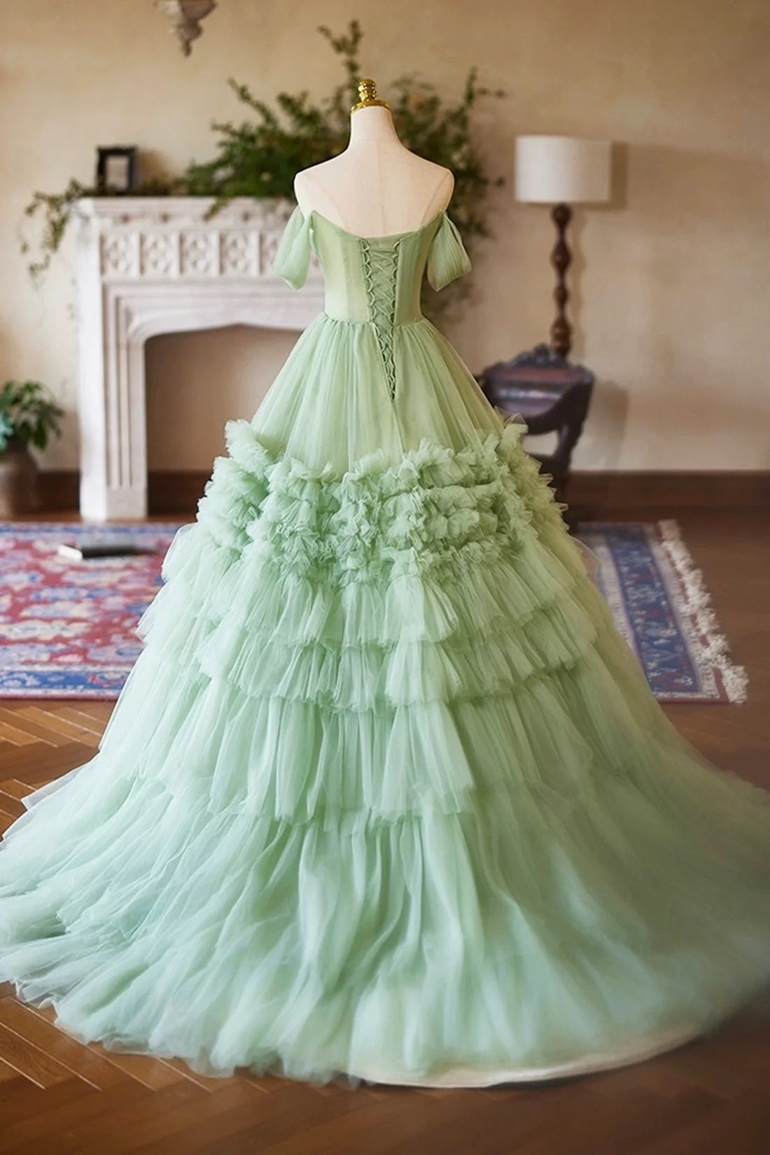 Princess Ball Gown Green Ruffles Tulle Fairy Prom Dress A-Line Off Shoulder Evening Party Dress