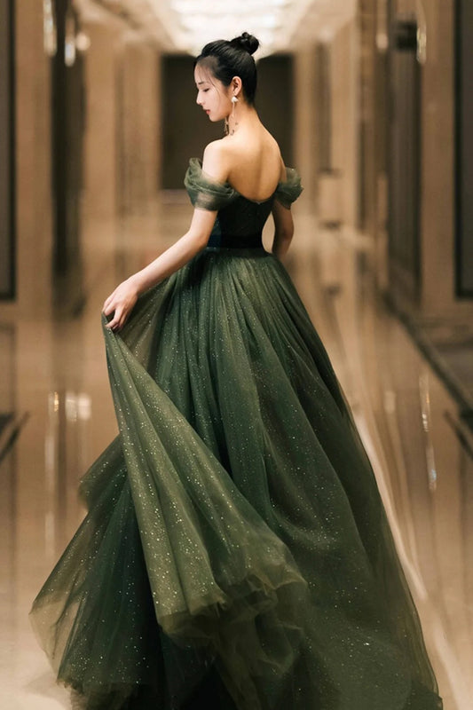 Green Princess Tulle Floor Length Prom Dress Off the Shoulder Fairy Evening Party Dress