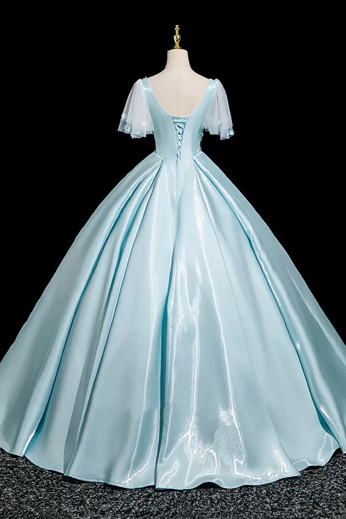 Blue Satin Long A-Line Princess Prom Dress Short Sleeve Flowers Party Dress