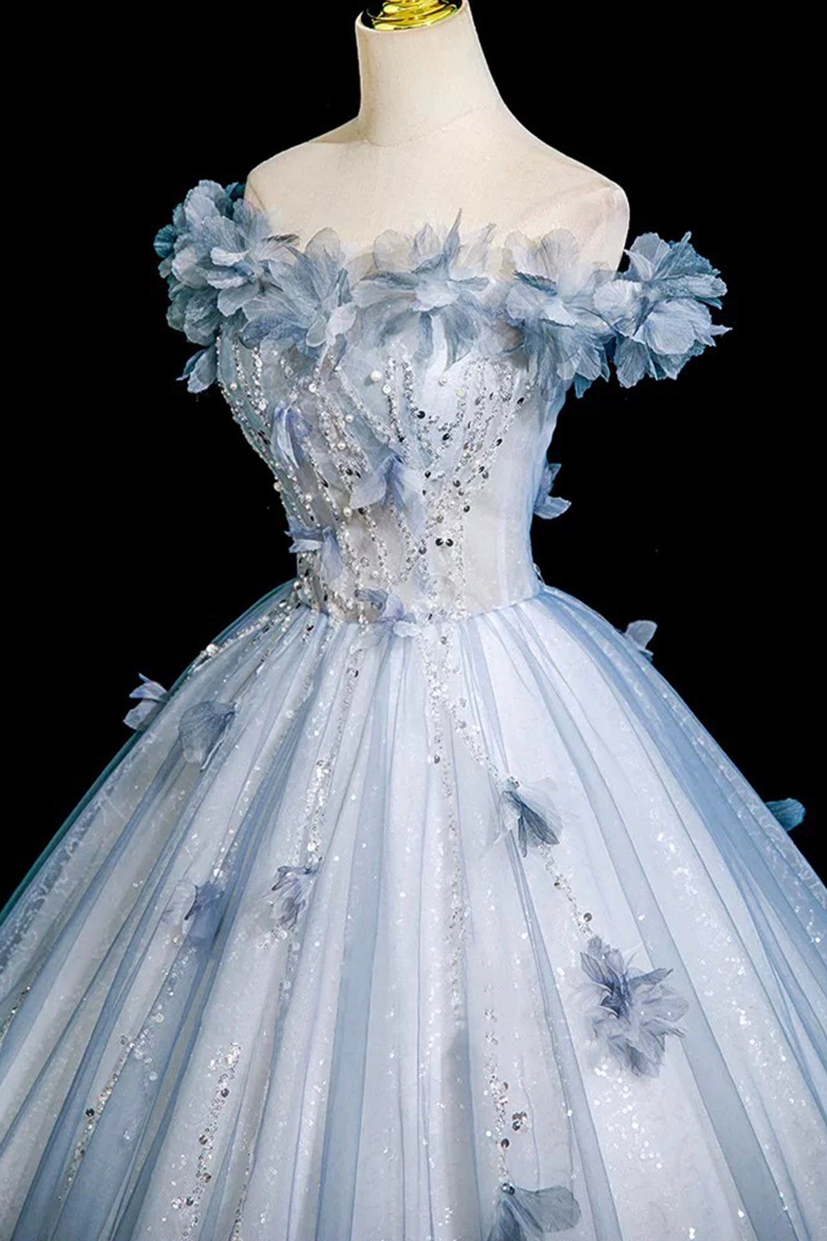Blue Sparkly Tulle Princess Prom Dress A-Line 3D Flowers Evening Party Dress