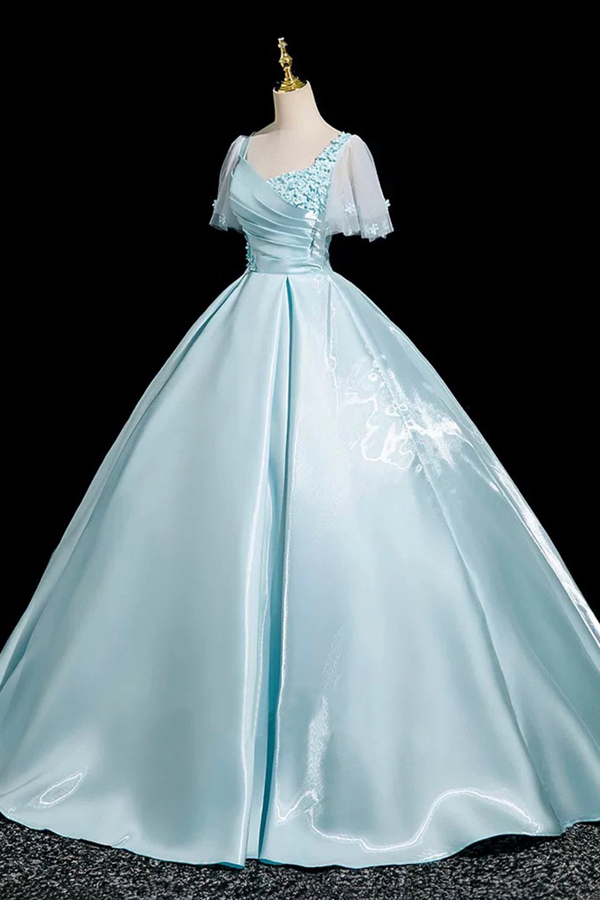 Blue Satin Long A-Line Princess Prom Dress Short Sleeve Flowers Party Dress
