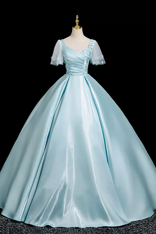 Blue Satin Long A-Line Princess Prom Dress Short Sleeve Flowers Party Dress