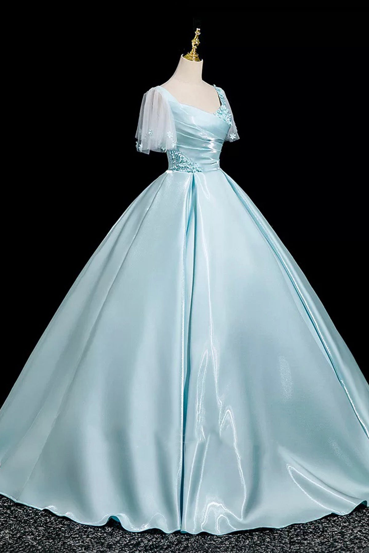 Blue Satin Long A-Line Princess Prom Dress Short Sleeve Flowers Party Dress