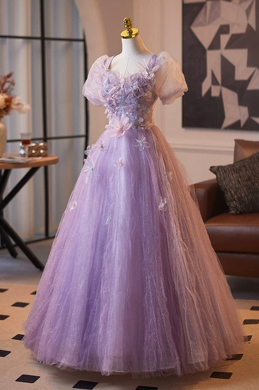 Lavender Sparkly Tulle Princess Prom Dress Short Sleeve 3D Flowers Party Dress
