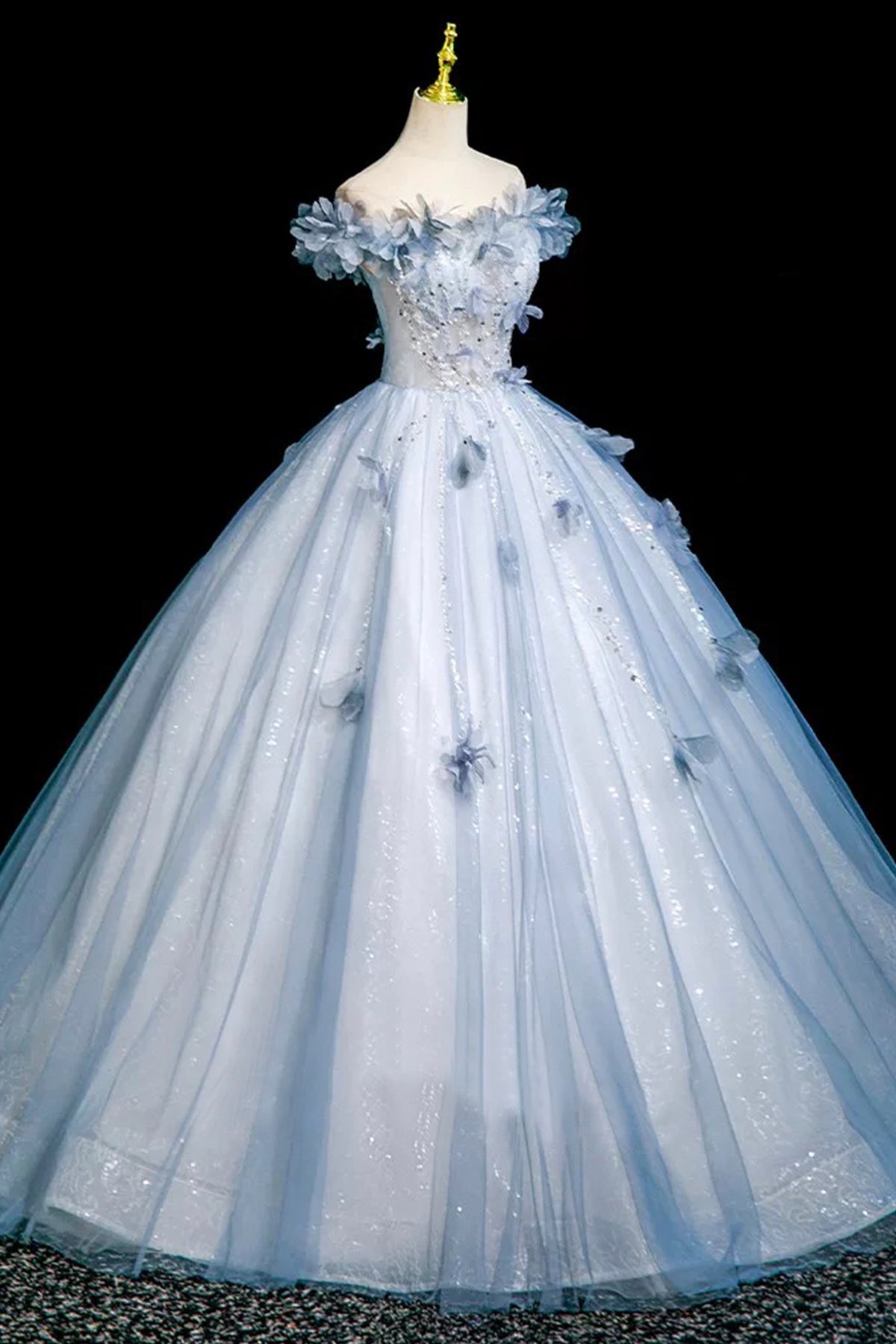 Blue Sparkly Tulle Princess Prom Dress A-Line 3D Flowers Evening Party Dress