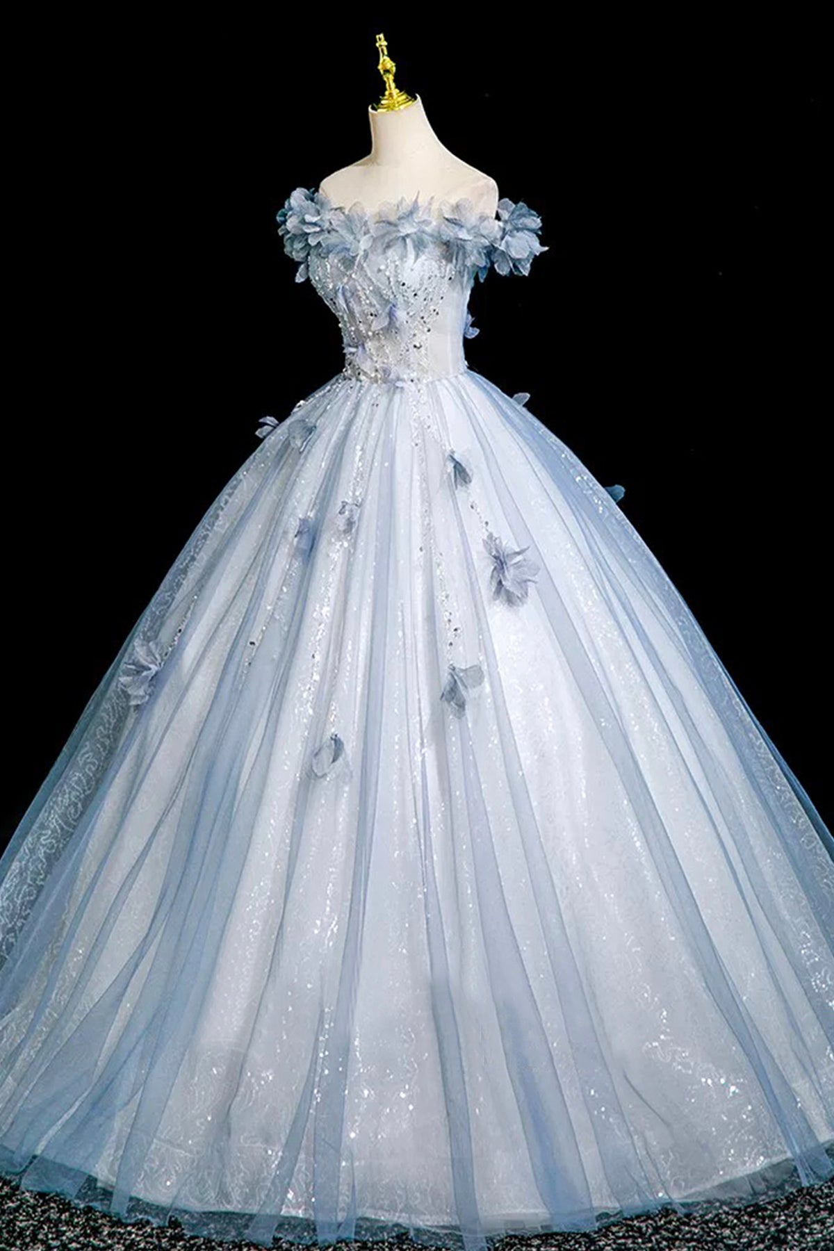 Blue Sparkly Tulle Princess Prom Dress A-Line 3D Flowers Evening Party Dress