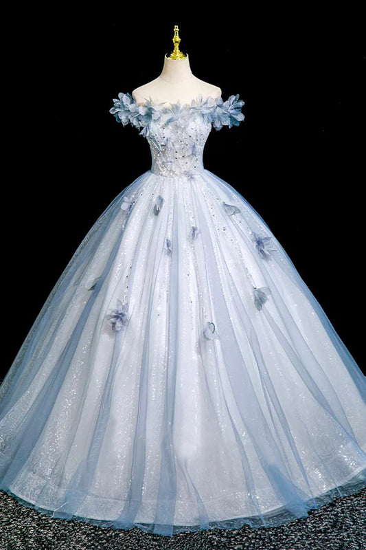 Blue Sparkly Tulle Princess Prom Dress A-Line 3D Flowers Evening Party Dress