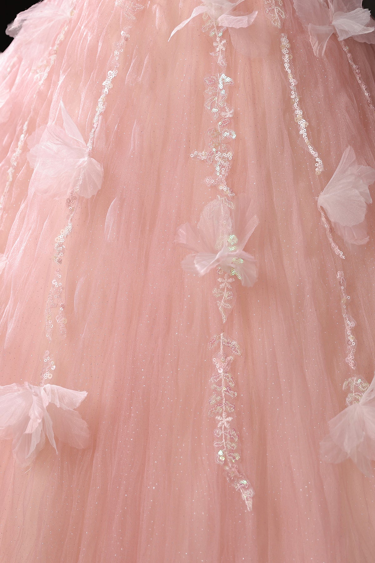 Charming Pink Appliques Sequins Prom Dresses Ball Gown Off-The-Shoulder Floor-Length Formal Dresses