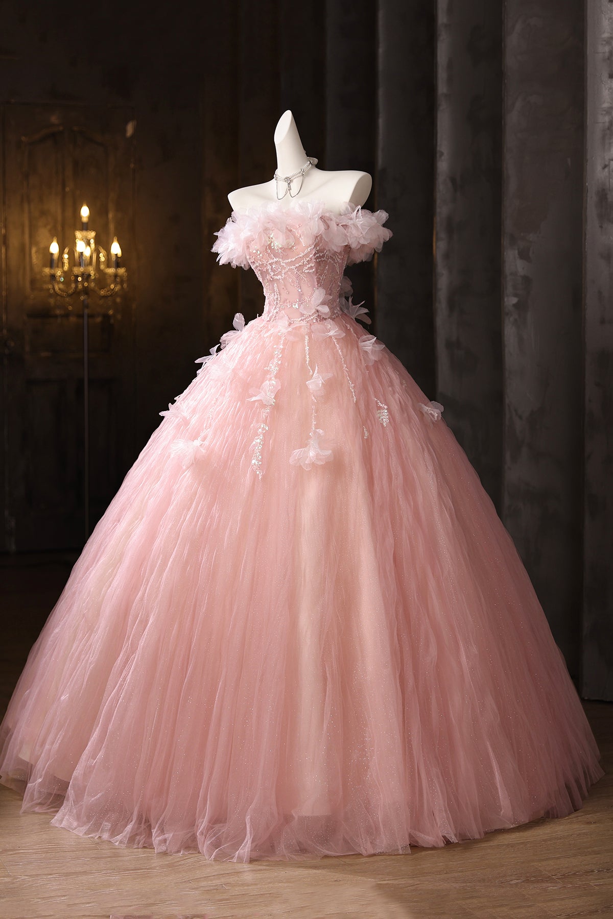 Charming Pink Appliques Sequins Prom Dresses Ball Gown Off-The-Shoulder Floor-Length Formal Dresses