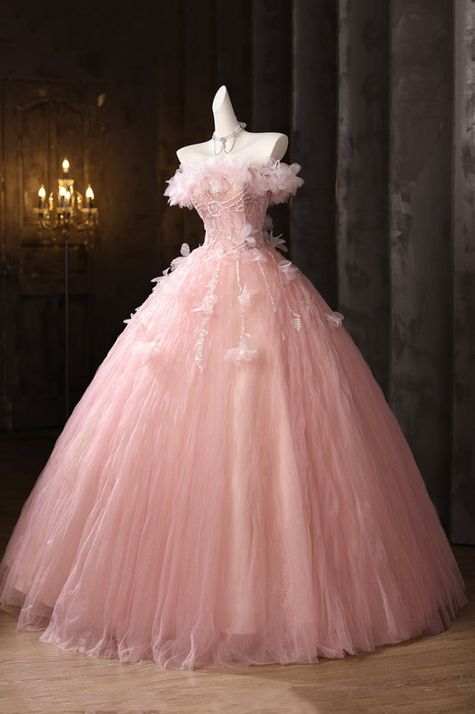 Charming Pink Appliques Sequins Prom Dresses Ball Gown Off-The-Shoulder Floor-Length Formal Dresses