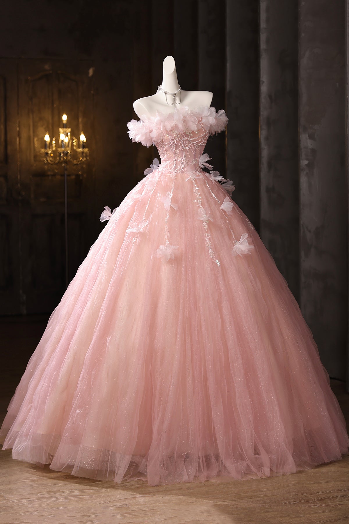 Charming Pink Appliques Sequins Prom Dresses Ball Gown Off-The-Shoulder Floor-Length Formal Dresses