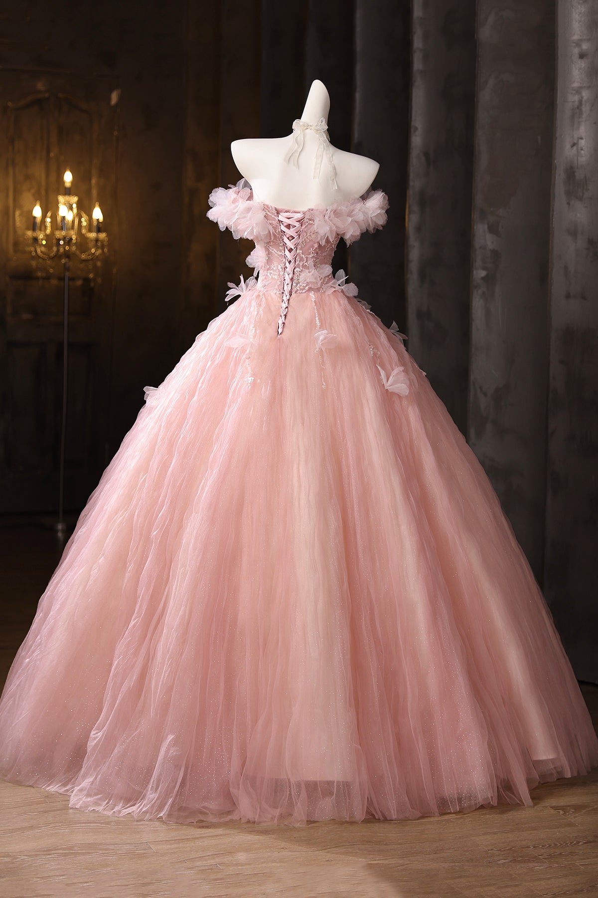 Charming Pink Appliques Sequins Prom Dresses Ball Gown Off-The-Shoulder Floor-Length Formal Dresses