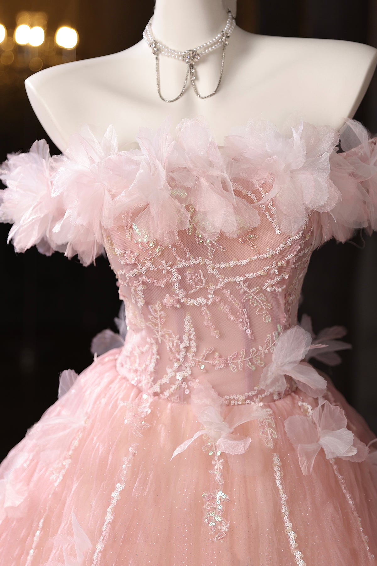 Charming Pink Appliques Sequins Prom Dresses Ball Gown Off-The-Shoulder Floor-Length Formal Dresses
