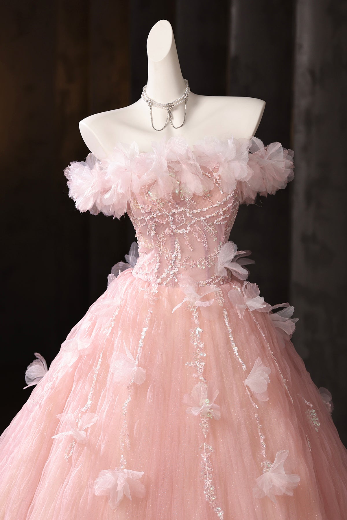 Charming Pink Appliques Sequins Prom Dresses Ball Gown Off-The-Shoulder Floor-Length Formal Dresses