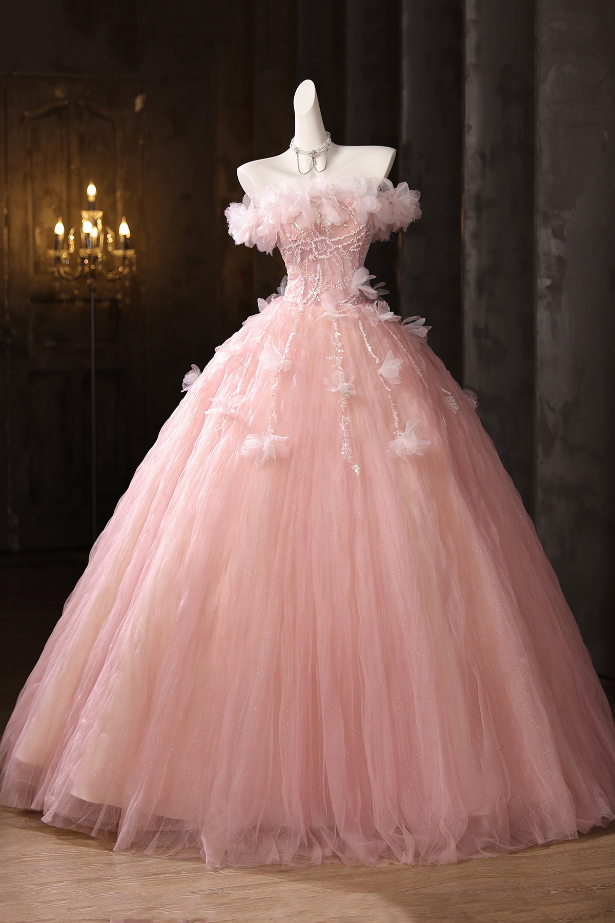 Charming Pink Appliques Sequins Prom Dresses Ball Gown Off-The-Shoulder Floor-Length Formal Dresses
