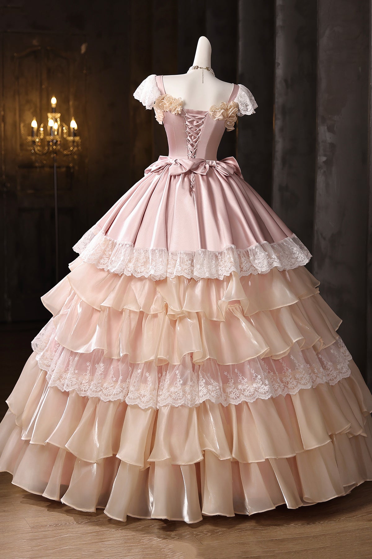 Retro Medieval Cascading Ruffles Bow Pink Lace Flower Prom Dresses Long Formal Dresses