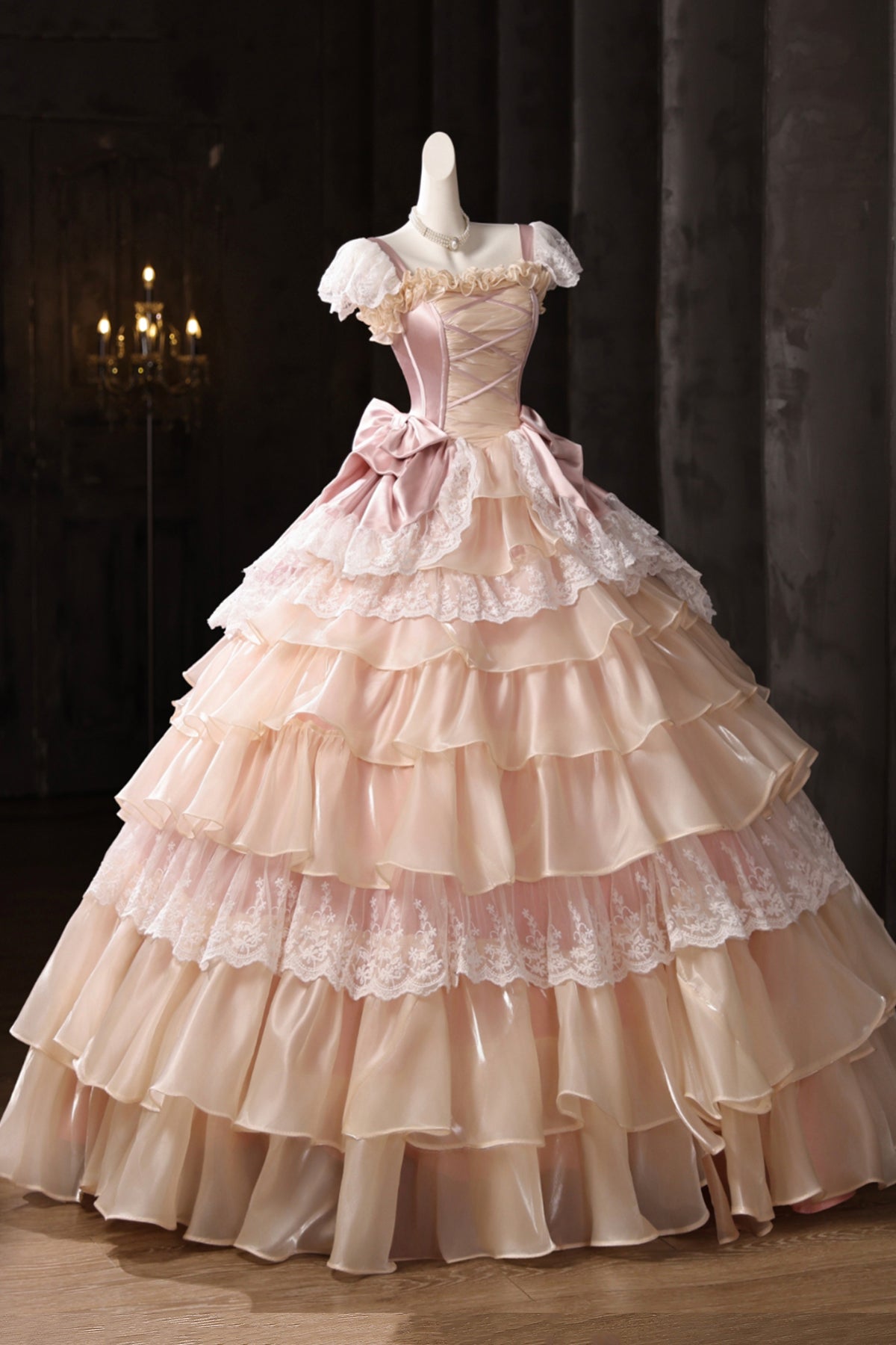 Retro Medieval Cascading Ruffles Bow Pink Lace Flower Prom Dresses Long Formal Dresses