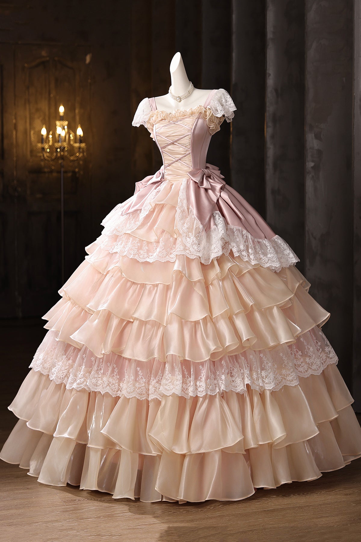 Retro Medieval Cascading Ruffles Bow Pink Lace Flower Prom Dresses Long Formal Dresses
