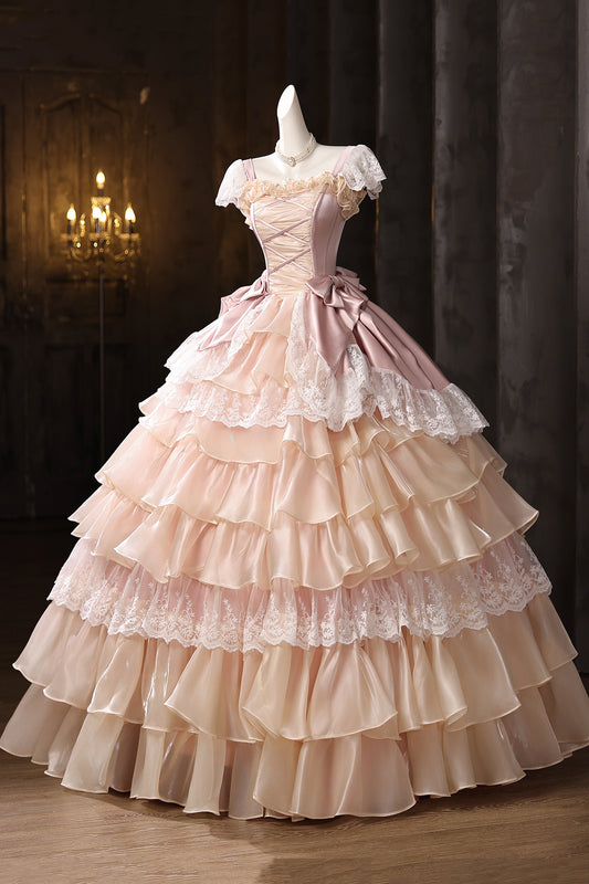 Retro Medieval Cascading Ruffles Bow Pink Lace Flower Prom Dresses Long Formal Dresses