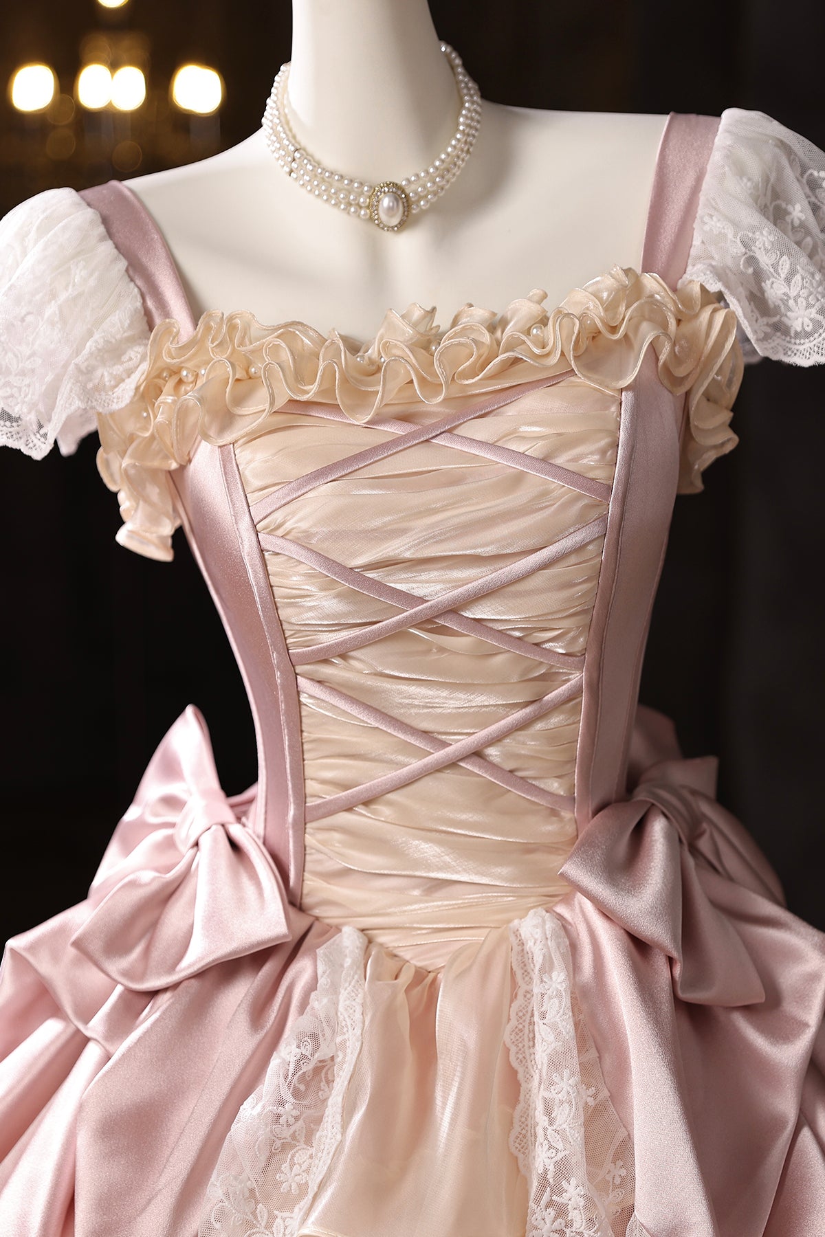 Retro Medieval Cascading Ruffles Bow Pink Lace Flower Prom Dresses Long Formal Dresses
