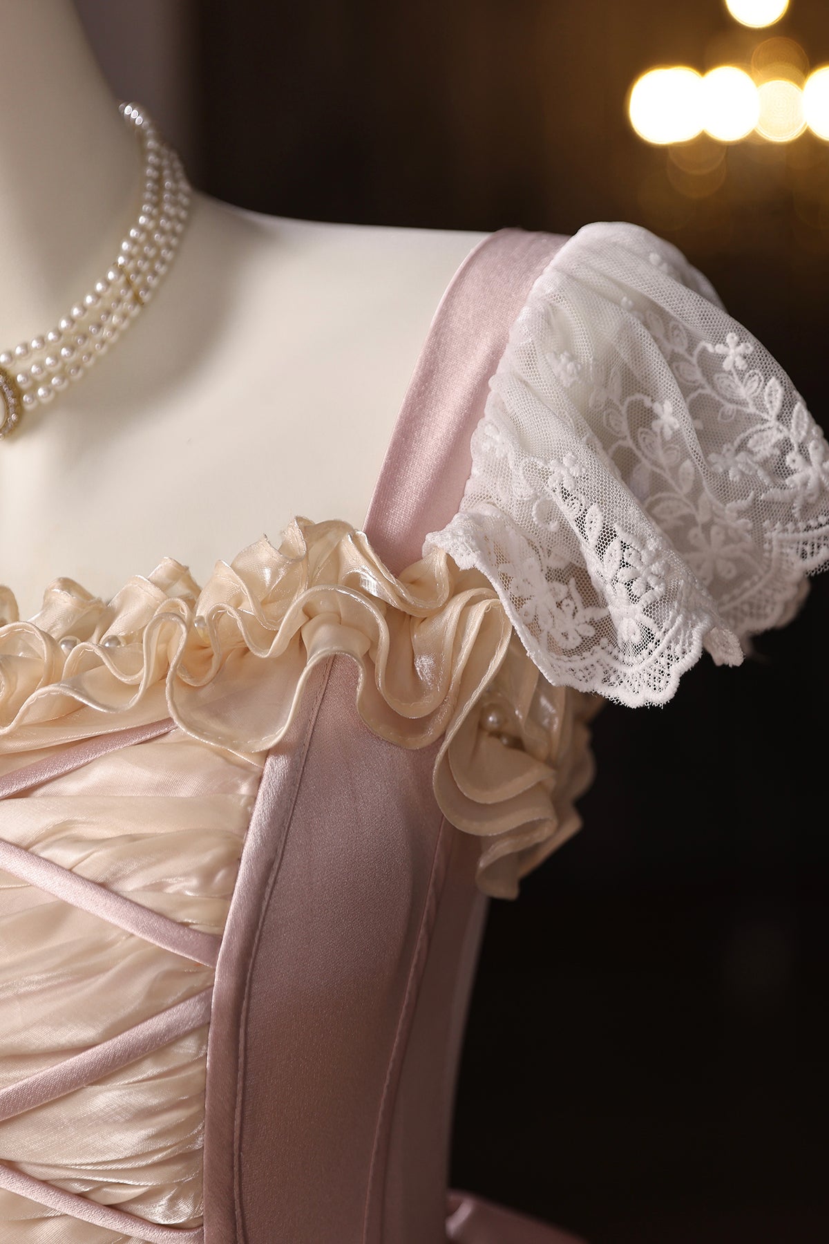 Retro Medieval Cascading Ruffles Bow Pink Lace Flower Prom Dresses Long Formal Dresses