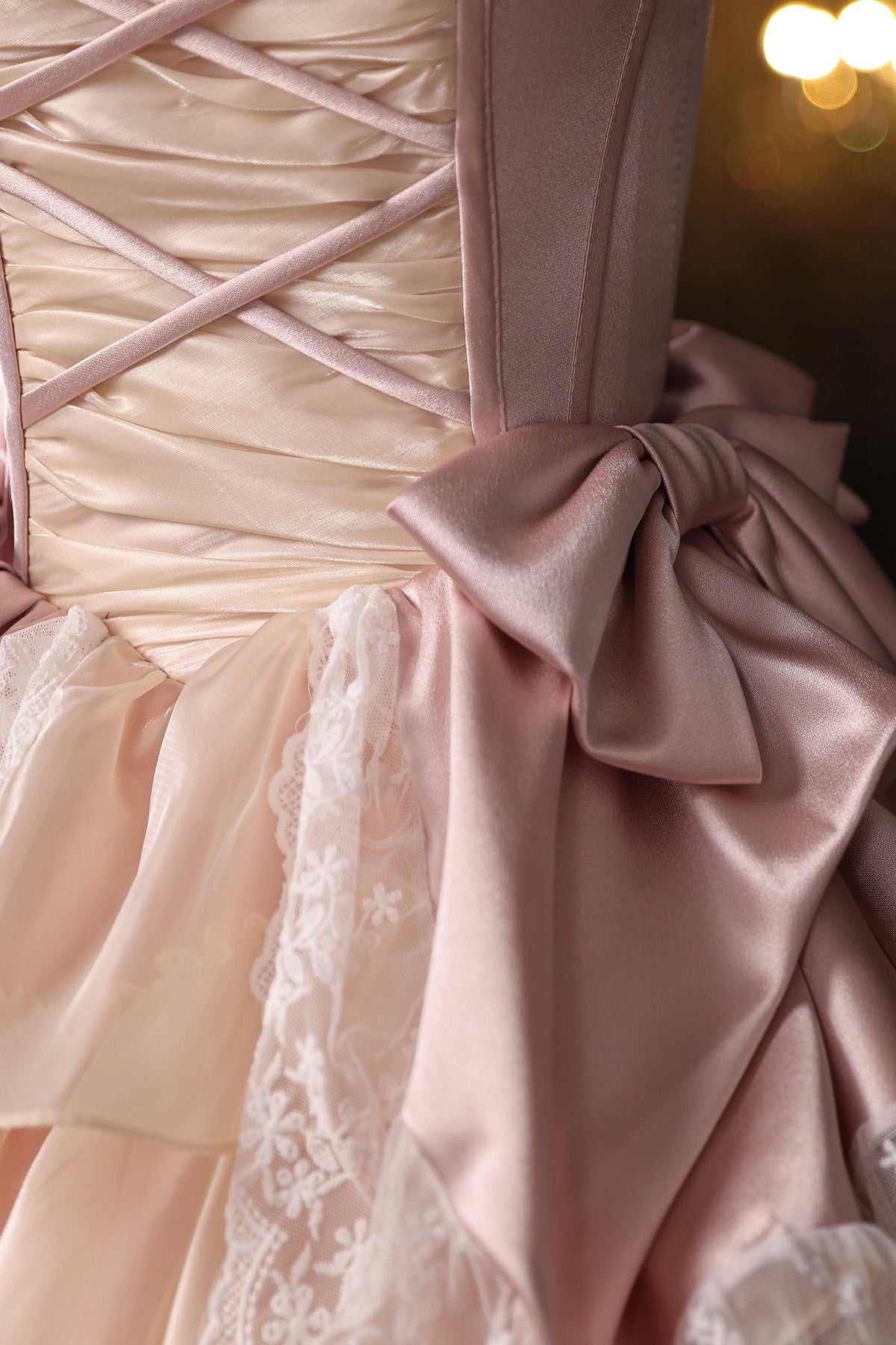 Retro Medieval Cascading Ruffles Bow Pink Lace Flower Prom Dresses Long Formal Dresses