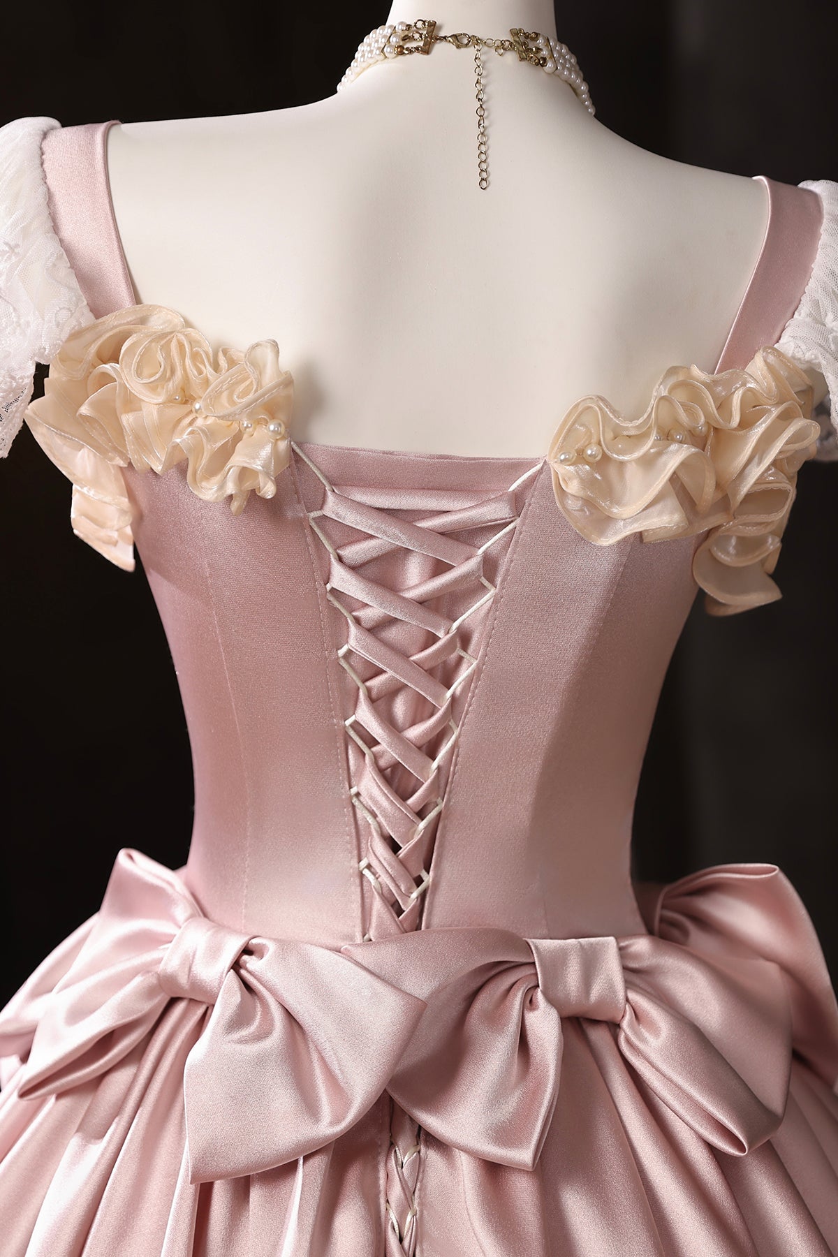 Retro Medieval Cascading Ruffles Bow Pink Lace Flower Prom Dresses Long Formal Dresses