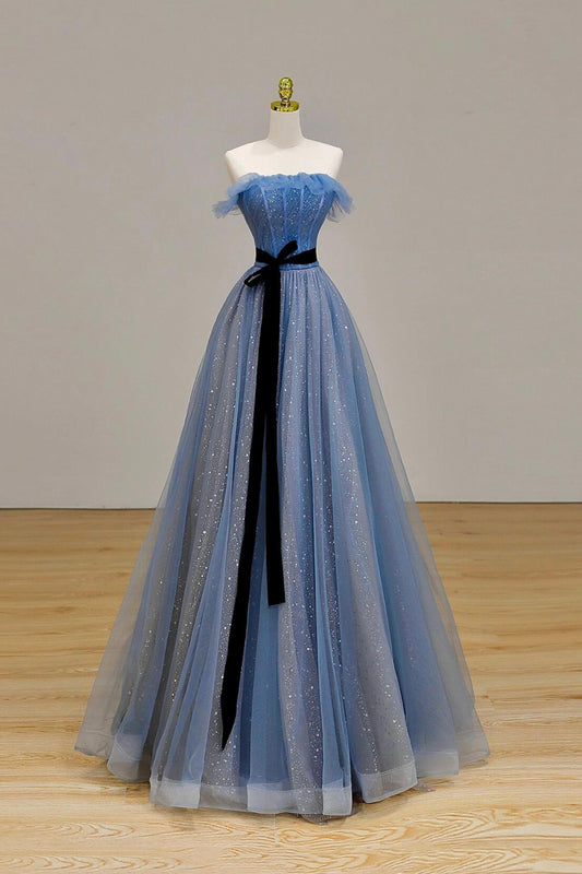 Charming Blue Sparkly Tulle Prom Dress A-Line Princess Strapless Bow Floor-Length Formal Dress