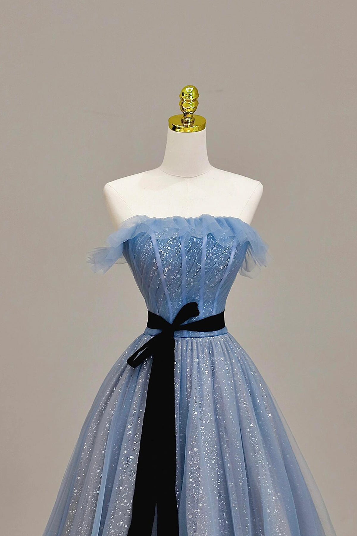 Charming Blue Sparkly Tulle Prom Dress A-Line Princess Strapless Bow Floor-Length Formal Dress