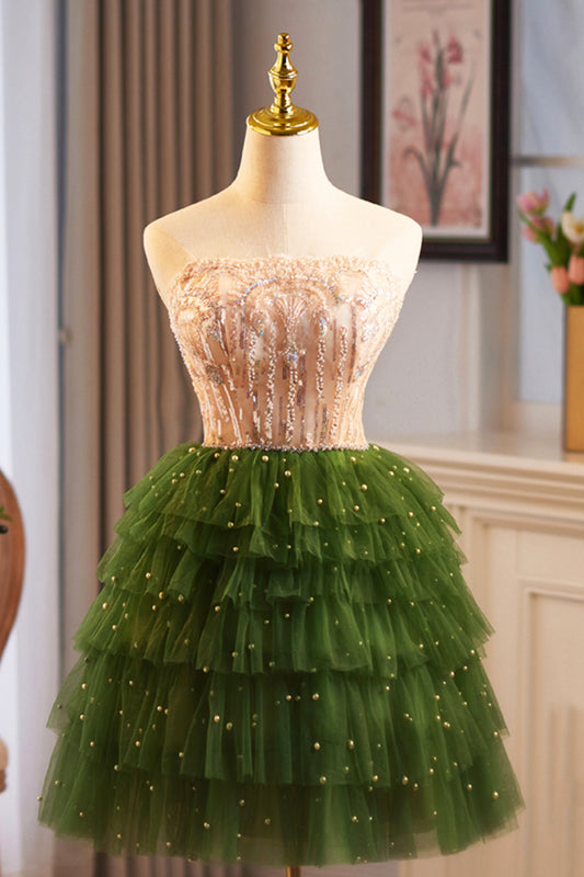 Green Tulle Straps Tiers Sequins Short Prom Dress Luxury Inlaid Striped Pattern Evening Party Dress