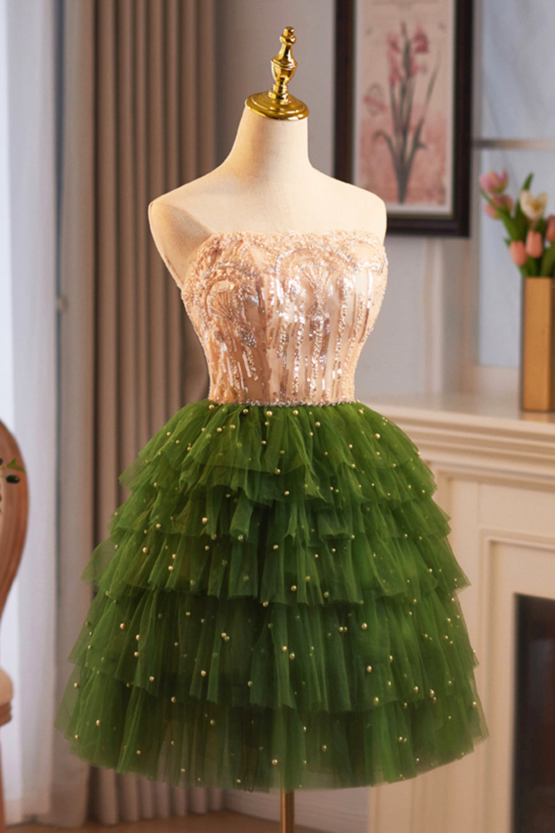 Green Tulle Straps Tiers Sequins Short Prom Dress Luxury Inlaid Striped Pattern Evening Party Dress