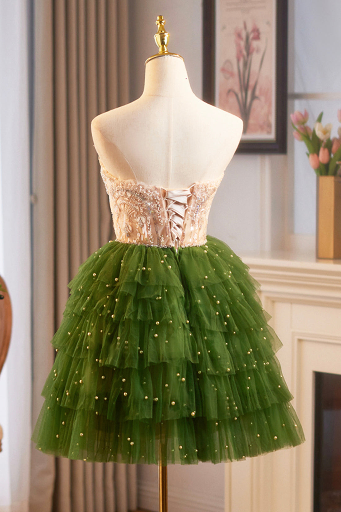 Green Tulle Straps Tiers Sequins Short Prom Dress Luxury Inlaid Striped Pattern Evening Party Dress