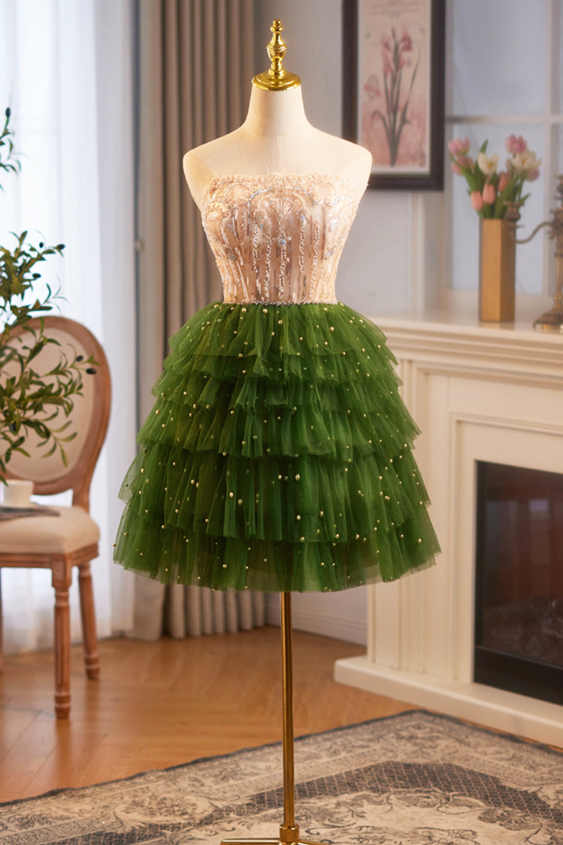 Green Tulle Straps Tiers Sequins Short Prom Dress Luxury Inlaid Striped Pattern Evening Party Dress