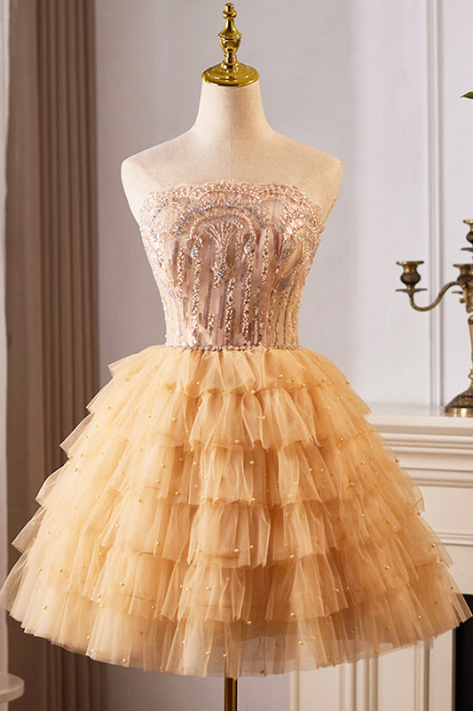 Beige Tulle Straps Tiers Sequins Short Prom Dress Luxury Inlaid Striped Pattern Evening Party Dress