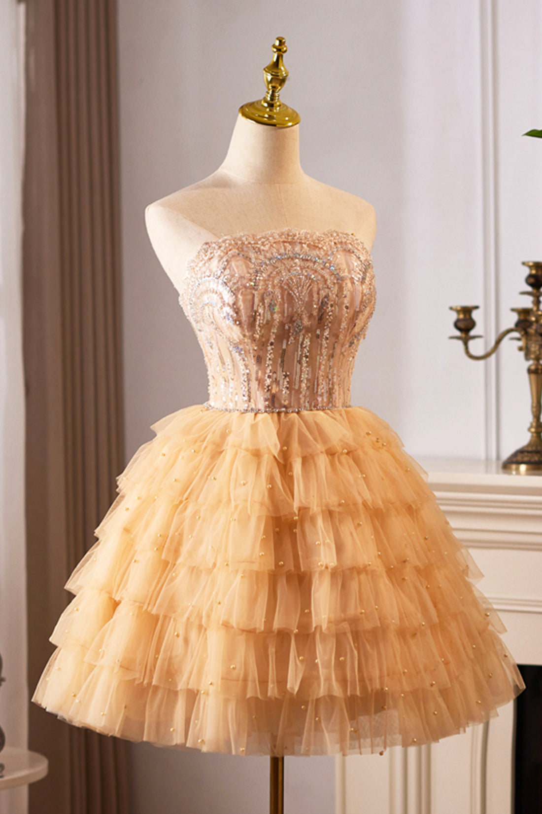 Beige Tulle Straps Tiers Sequins Short Prom Dress Luxury Inlaid Striped Pattern Evening Party Dress