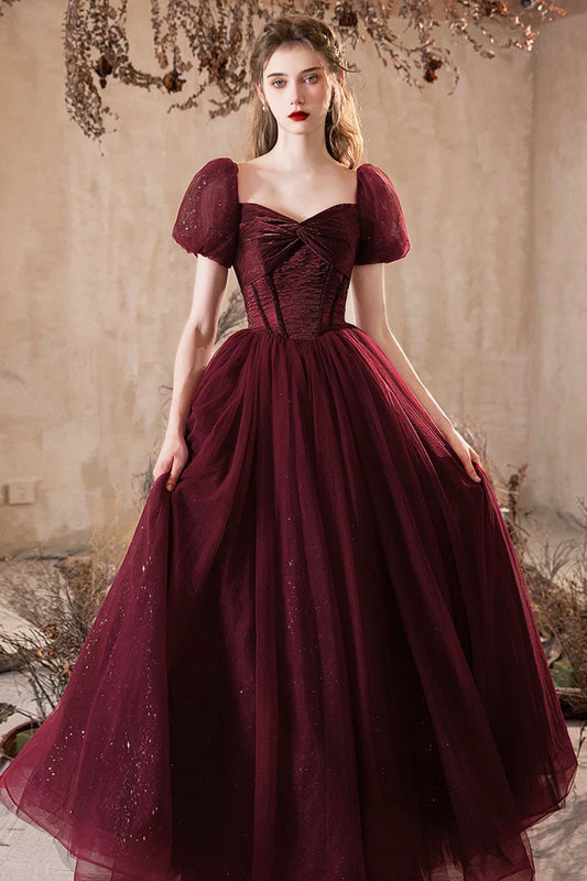 Burgundy Corset Evening Dress Luxury Burgundy Princess Formal Dress A-Line Glitter Tulle Prom Party Gown