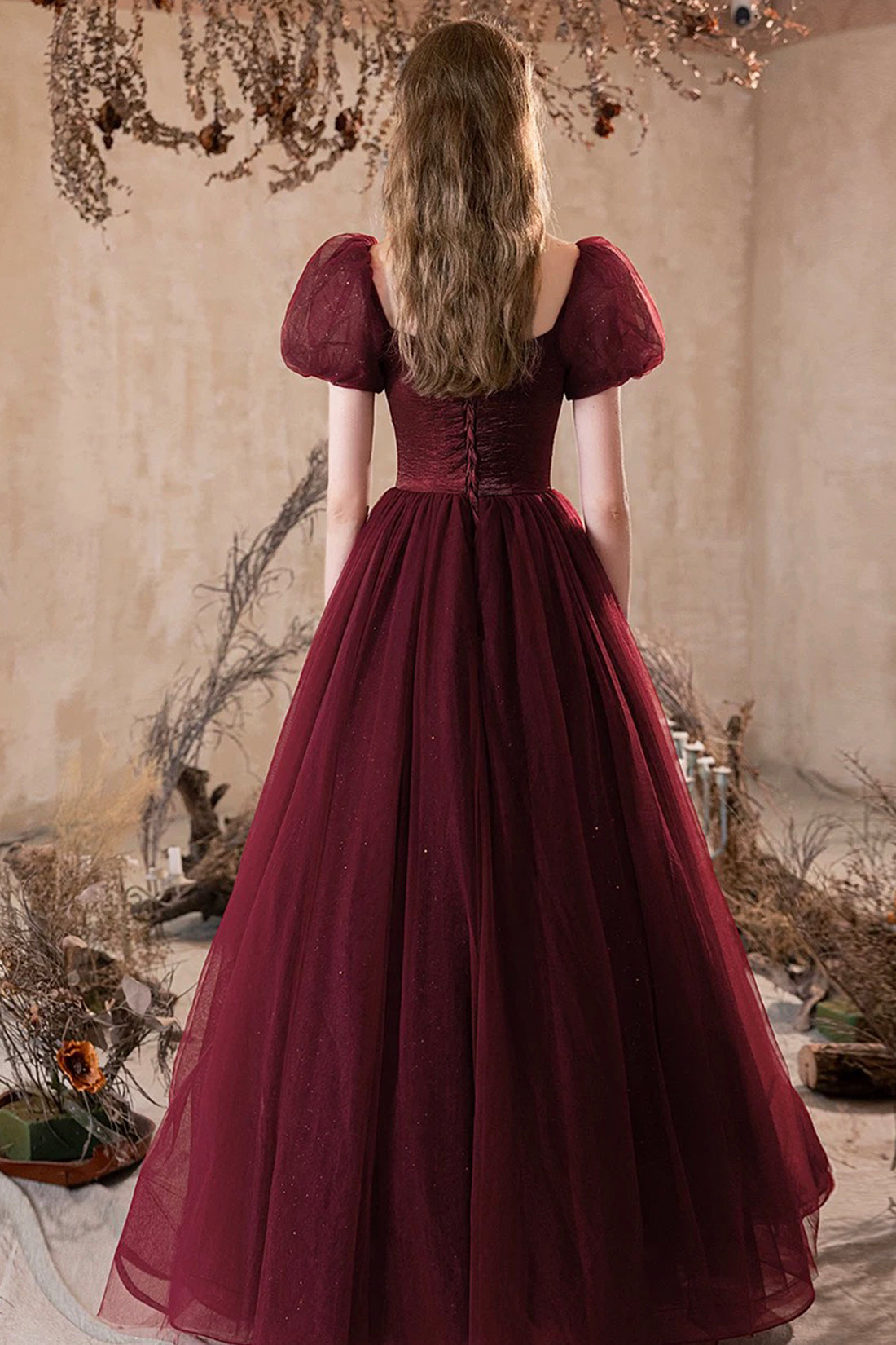 Burgundy Corset Evening Dress Luxury Burgundy Princess Formal Dress A-Line Glitter Tulle Prom Party Gown