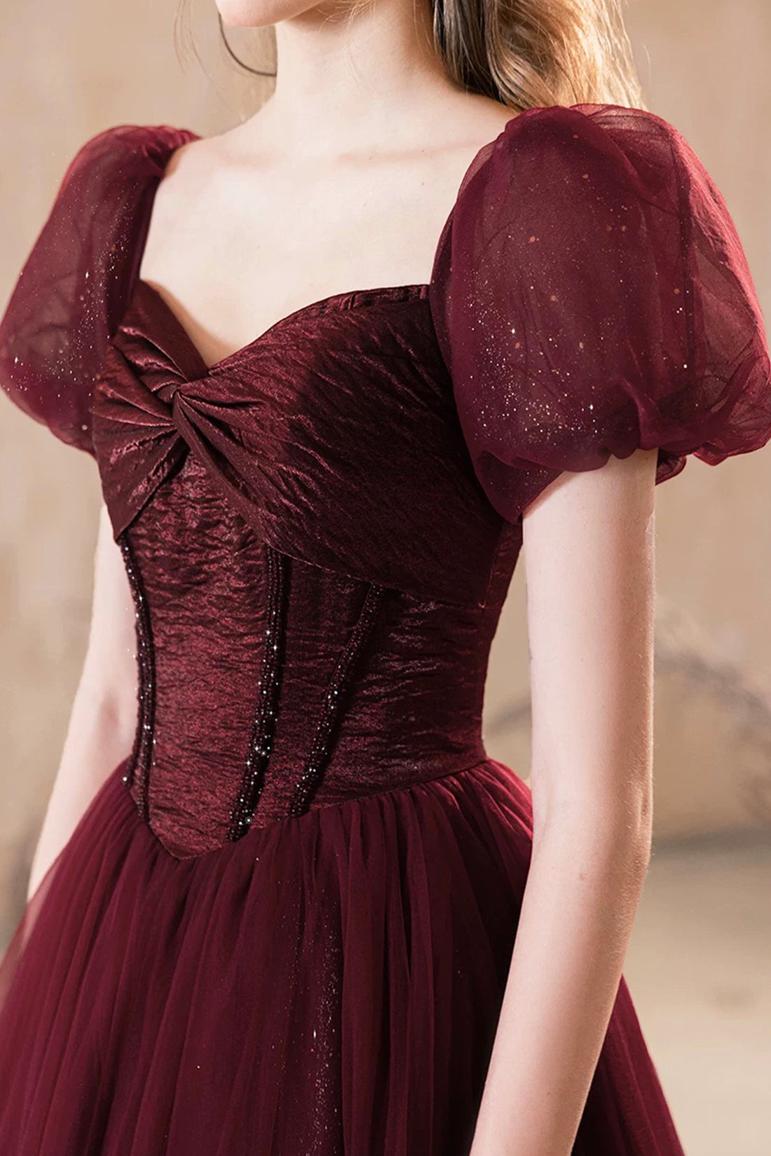 Burgundy Corset Evening Dress Luxury Burgundy Princess Formal Dress A-Line Glitter Tulle Prom Party Gown