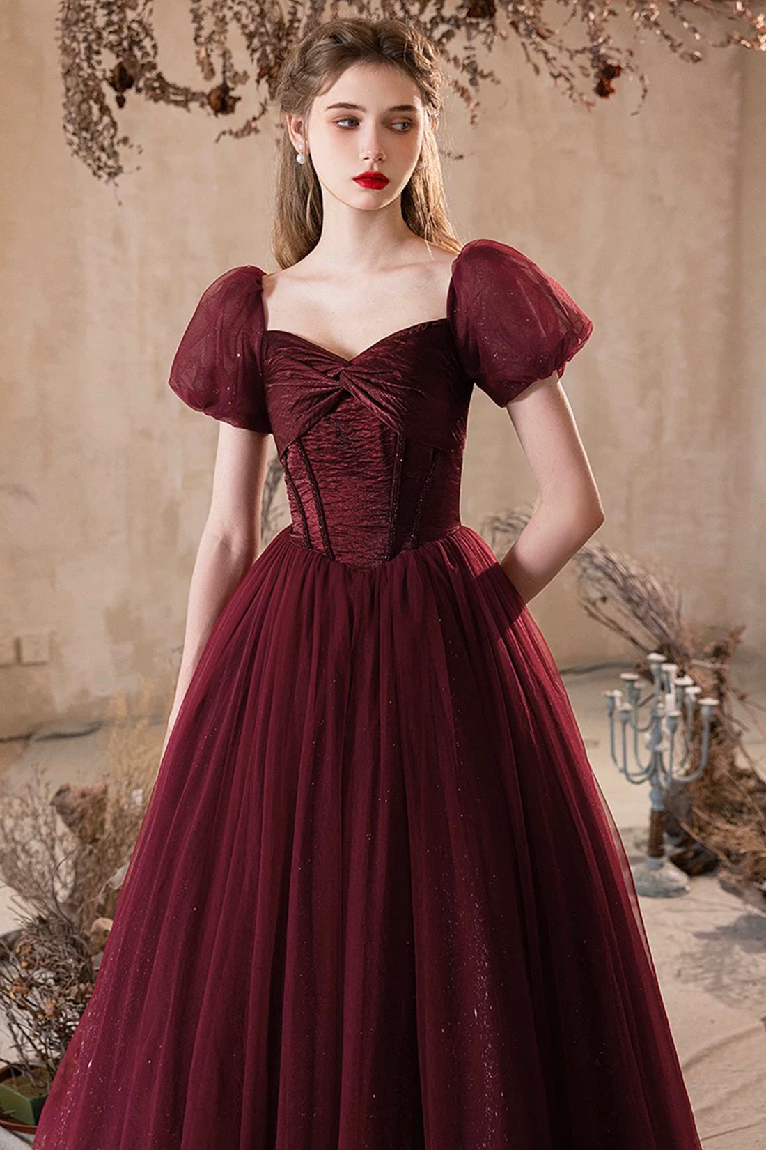 Burgundy Corset Evening Dress Luxury Burgundy Princess Formal Dress A-Line Glitter Tulle Prom Party Gown