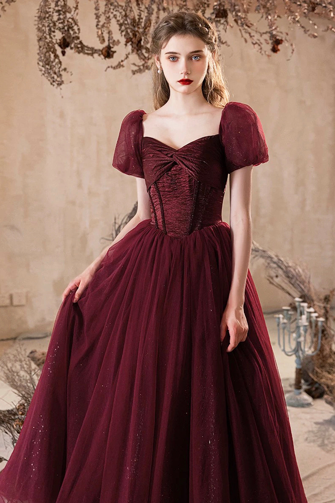 Burgundy Corset Evening Dress Luxury Burgundy Princess Formal Dress A-Line Glitter Tulle Prom Party Gown