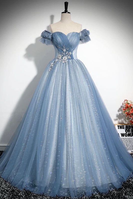 Blue Sparkly Tulle Sequins Sweetheart Evening Party Dress Princess Dress