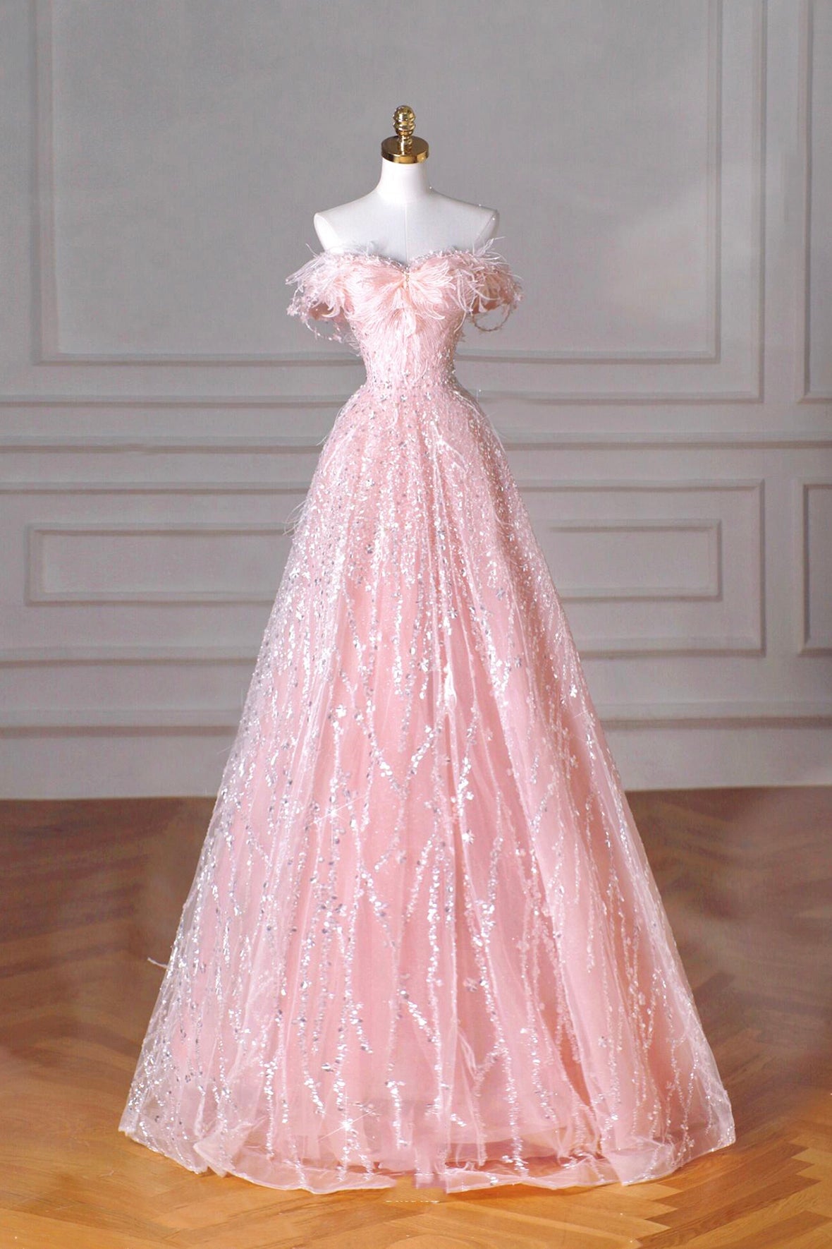 Pink Tulle and Sparkly Sequins Long Prom Dress with Off Shoulder Women's Party Dress