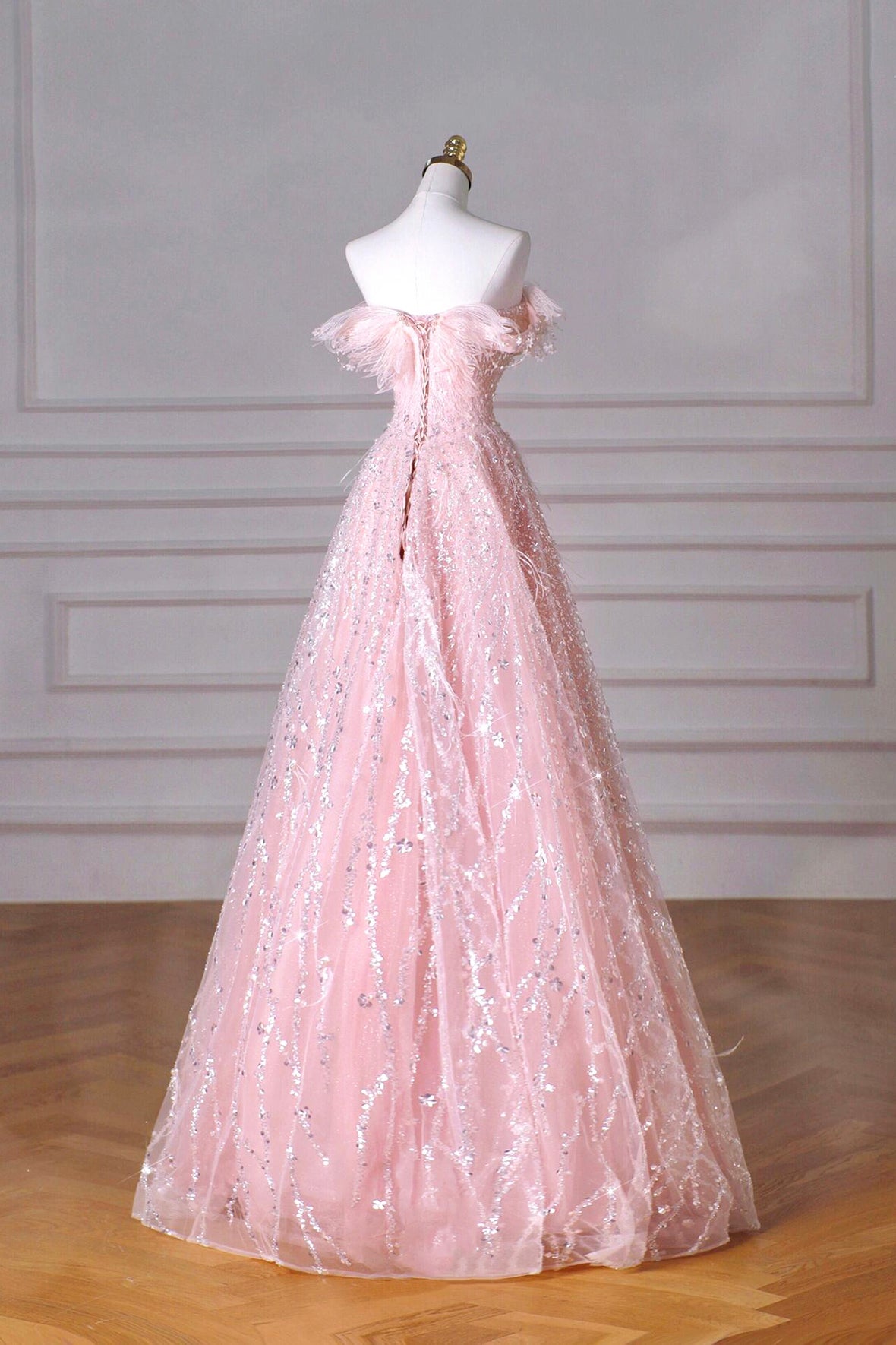 Pink Tulle and Sparkly Sequins Long Prom Dress with Off Shoulder Women's Party Dress