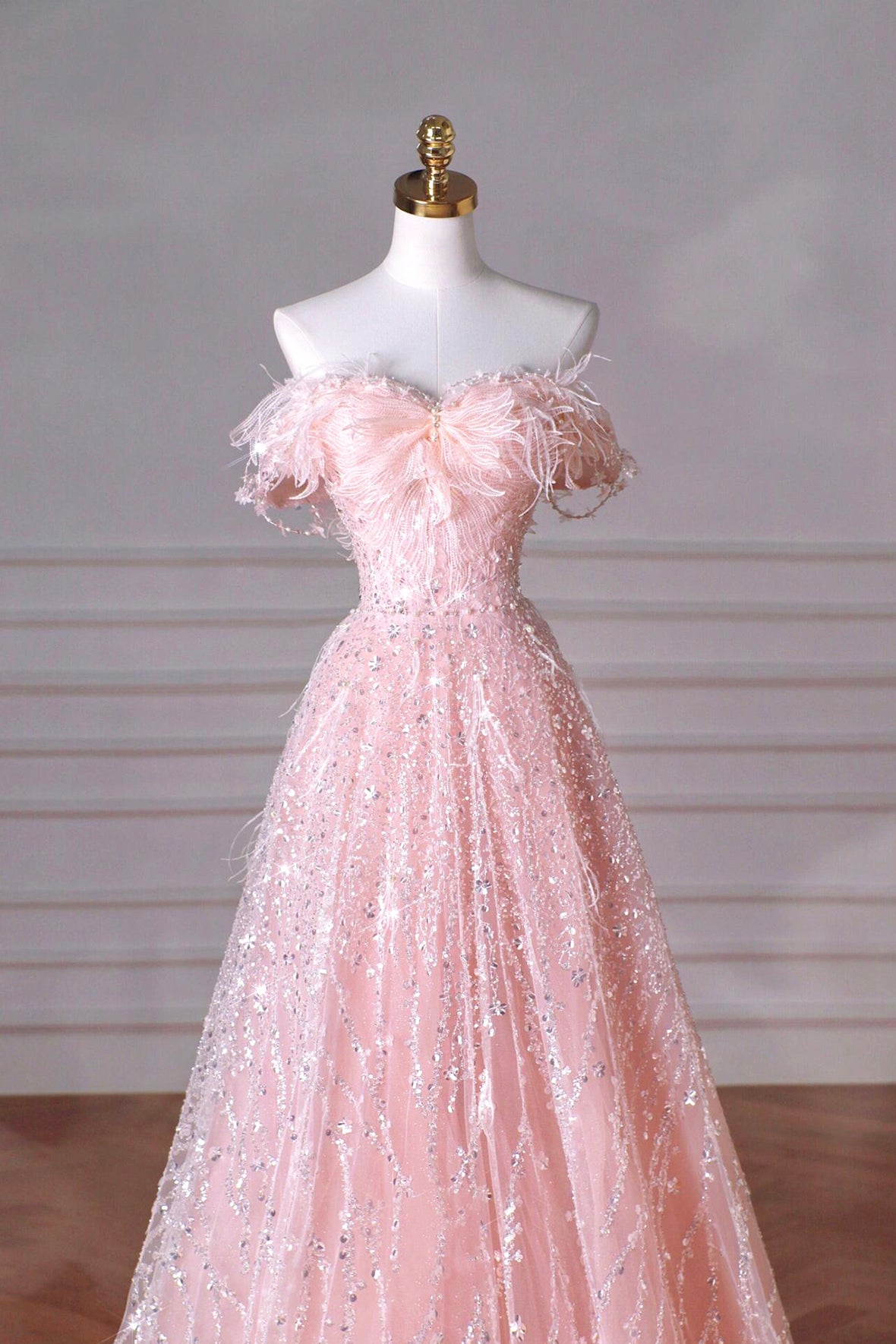 Pink Tulle and Sparkly Sequins Long Prom Dress with Off Shoulder Women's Party Dress