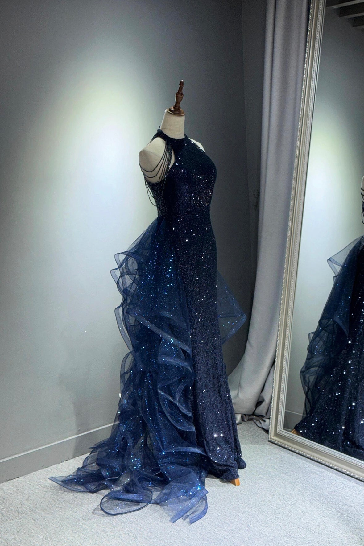Shiny Navy Tulle Sequins Long Prom Dress Banquet Gown Halter Tulle Ruffles Formal Dress
