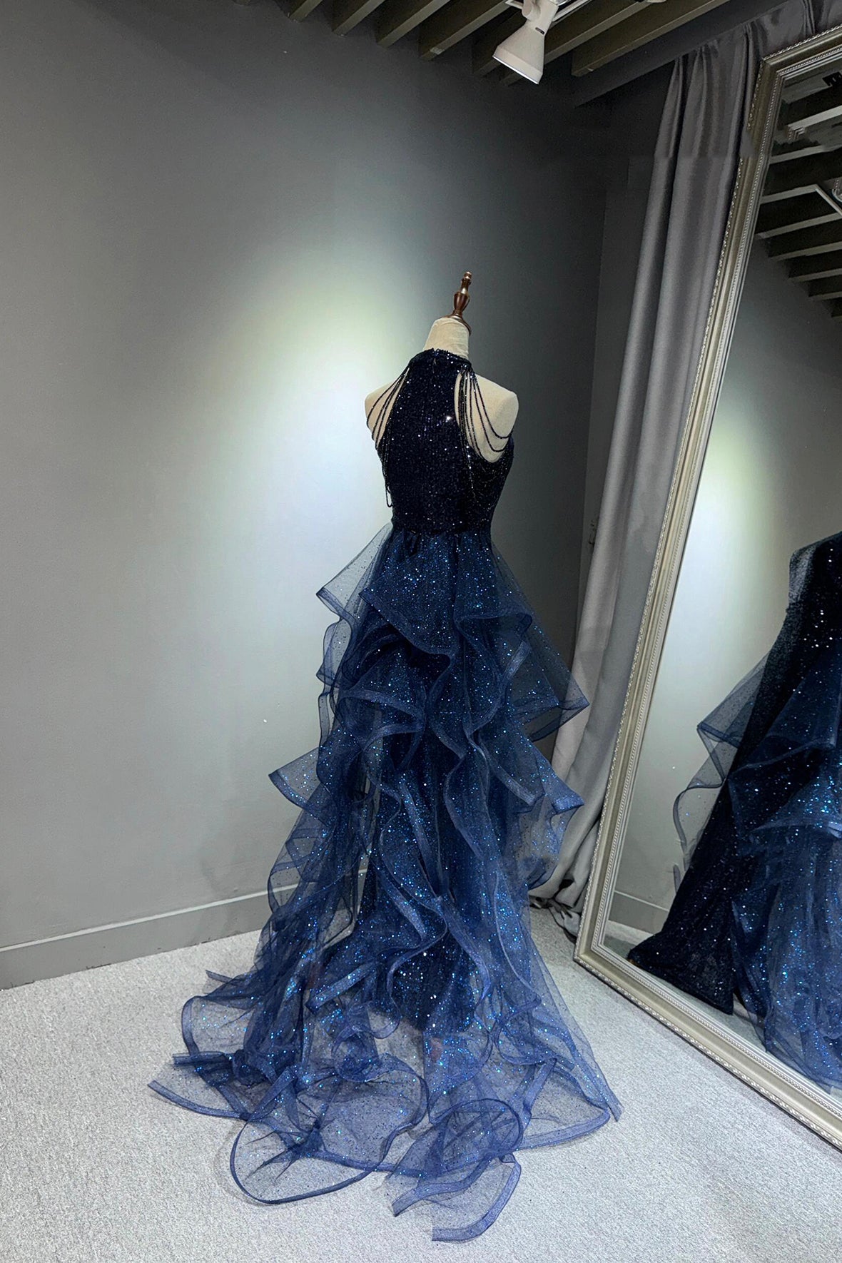 Shiny Navy Tulle Sequins Long Prom Dress Banquet Gown Halter Tulle Ruffles Formal Dress