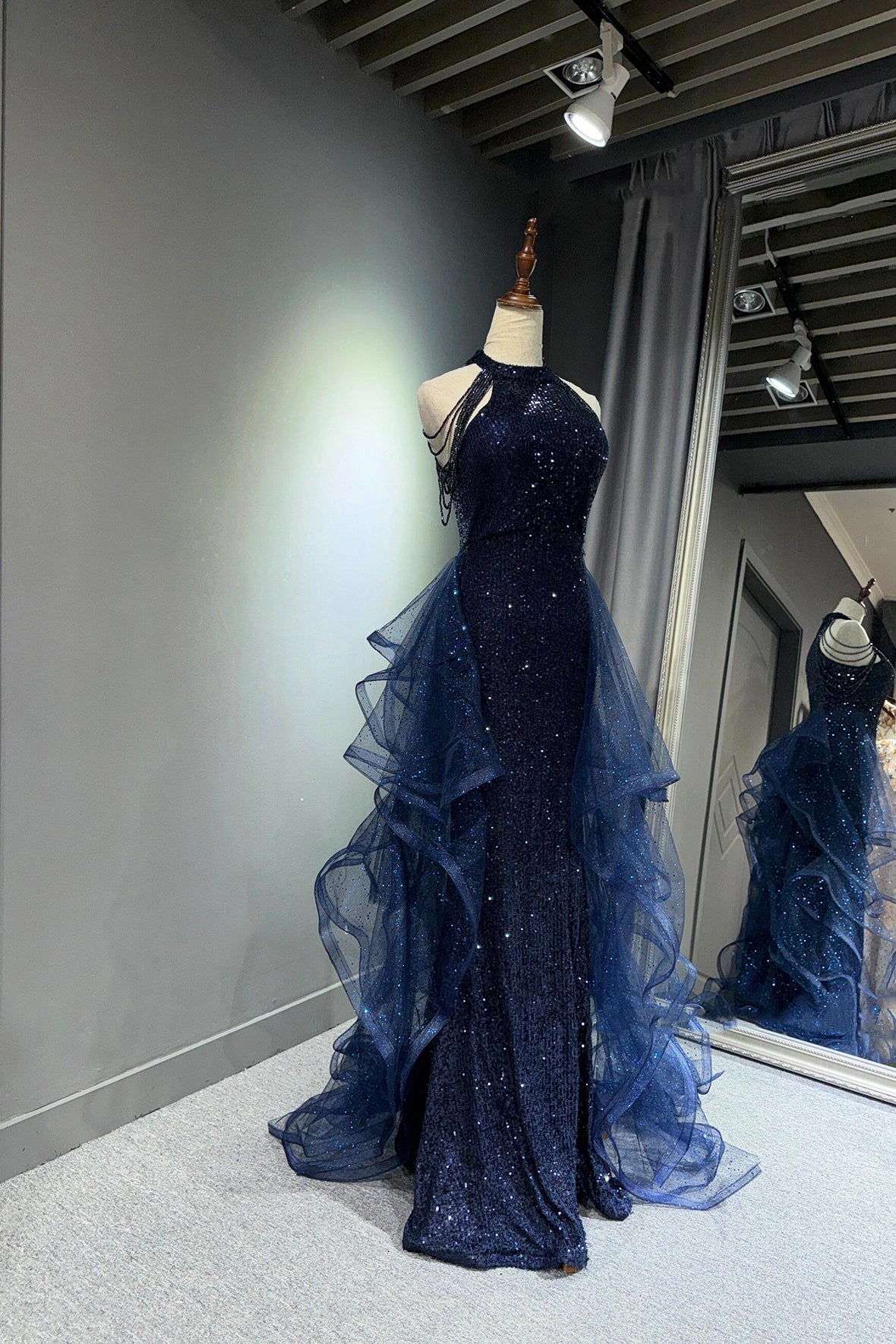 Shiny Navy Tulle Sequins Long Prom Dress Banquet Gown Halter Tulle Ruffles Formal Dress