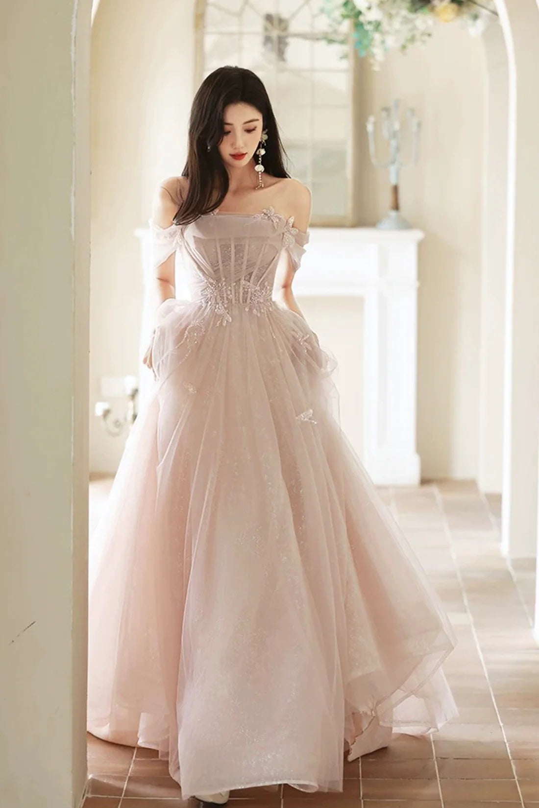 Pink Corset Evening Dress Luxury Pink Princess Formal Dress A-Line Off Shoulder Sweet 16 Birthday Party Gown